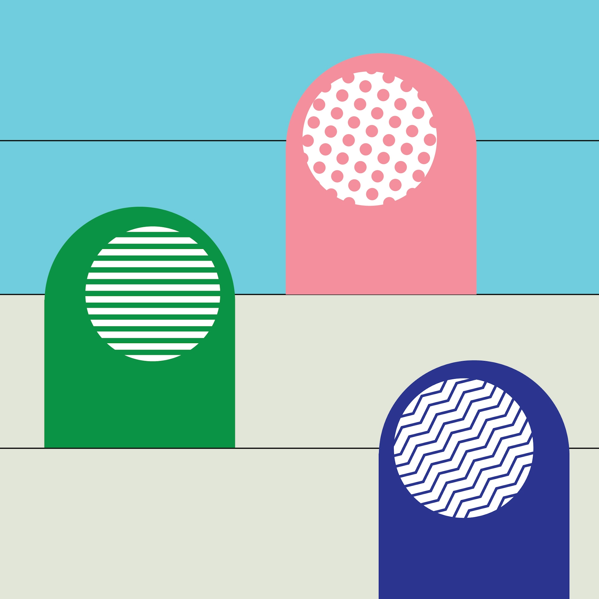 Pink, green, and blue figures on a light blue and gray background