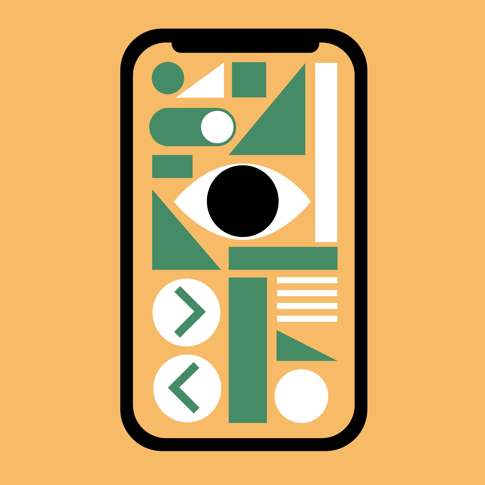 White and green shapes on a mobile phone with a yellow background