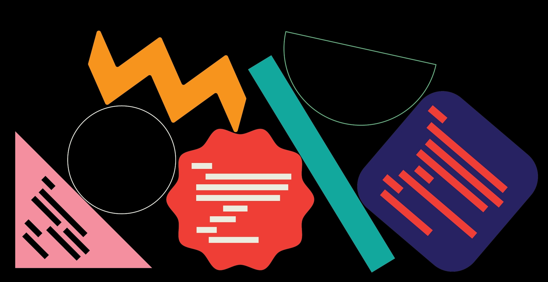 Various colorful shapes with lines of code on a black background