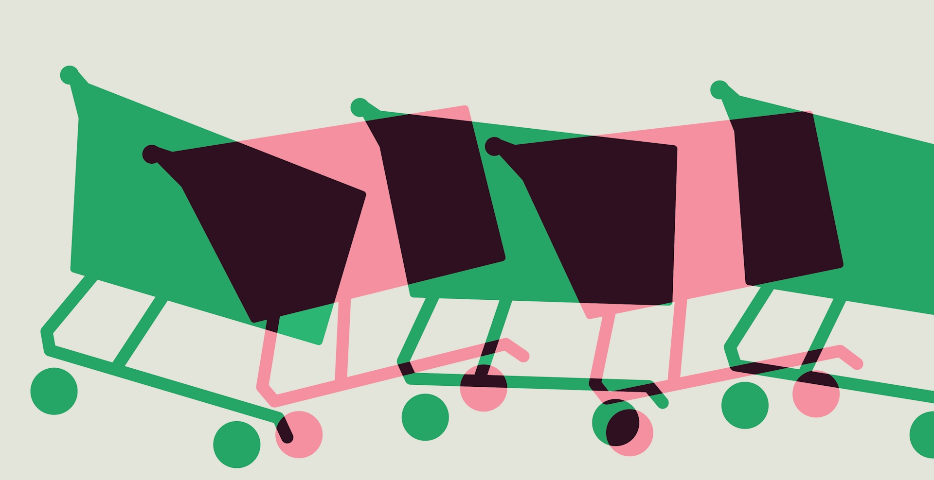 Pink and green shopping carts on a light background