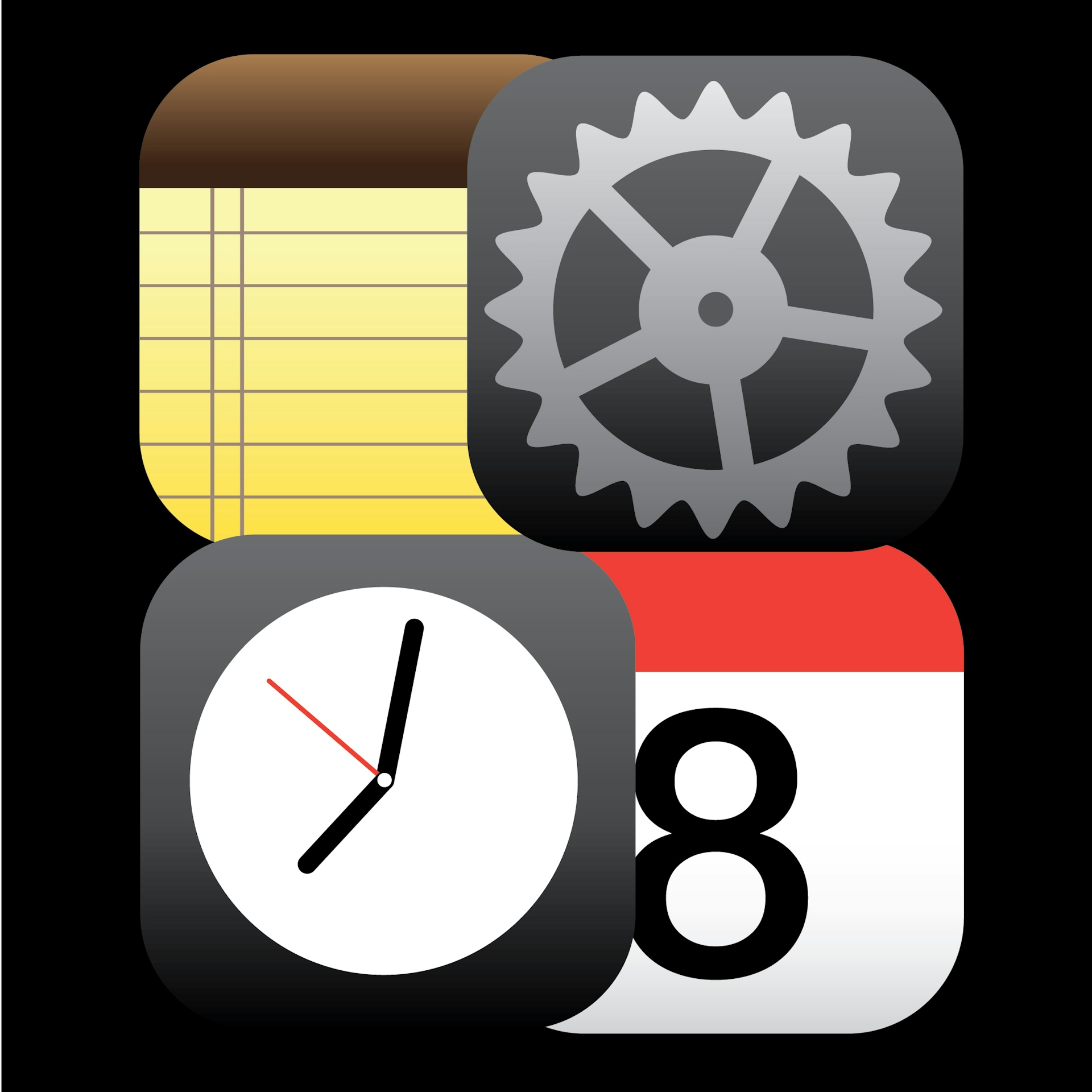 Illustrations of the Notes, Settings, Clock, and Calendar apps on early iPhones