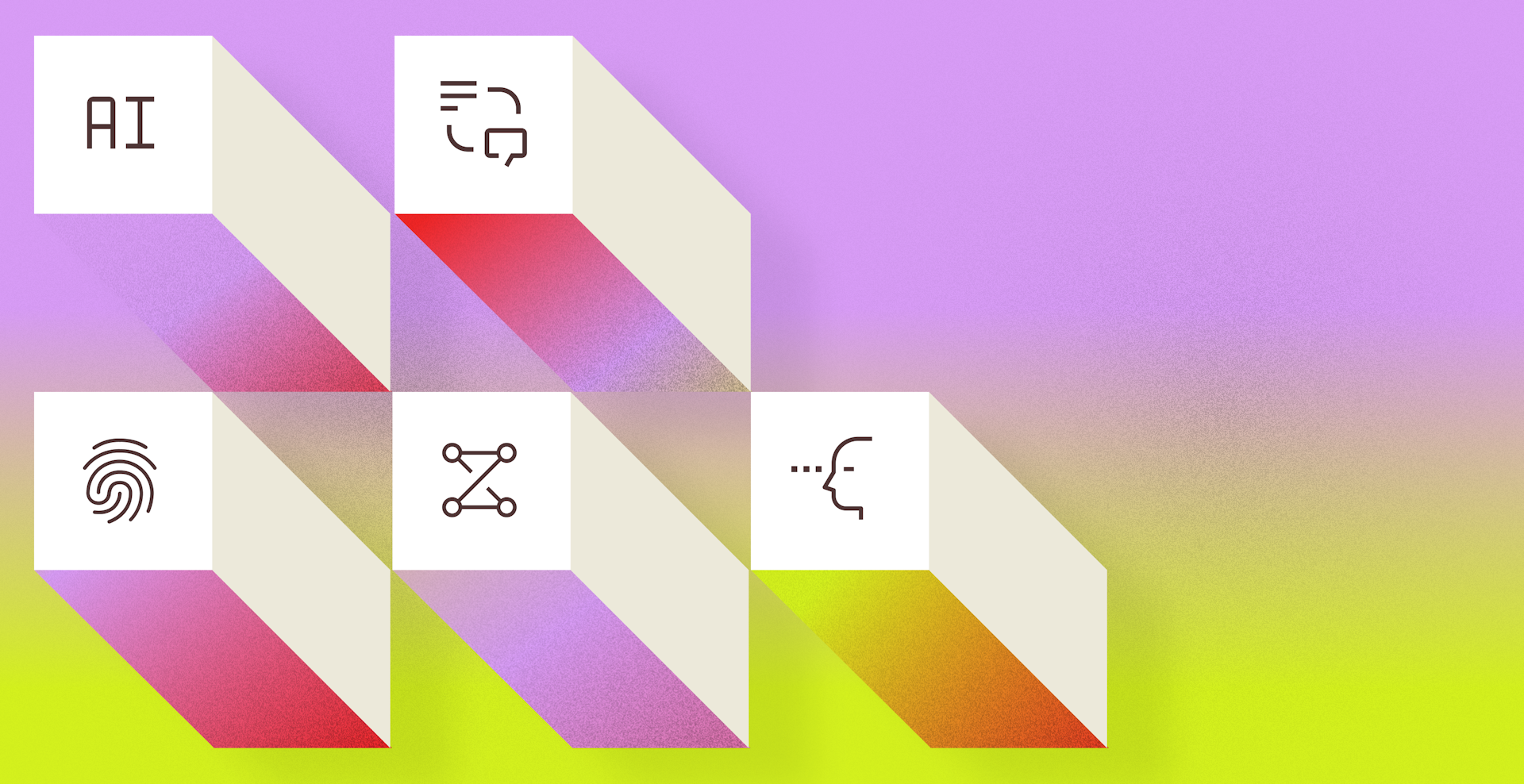 Five icons representing artificial intelligence, text-to-speech, personalization, the internet of things and the internet of behavior, and augmented reality and virtual reality on a pink and yellow gradient background