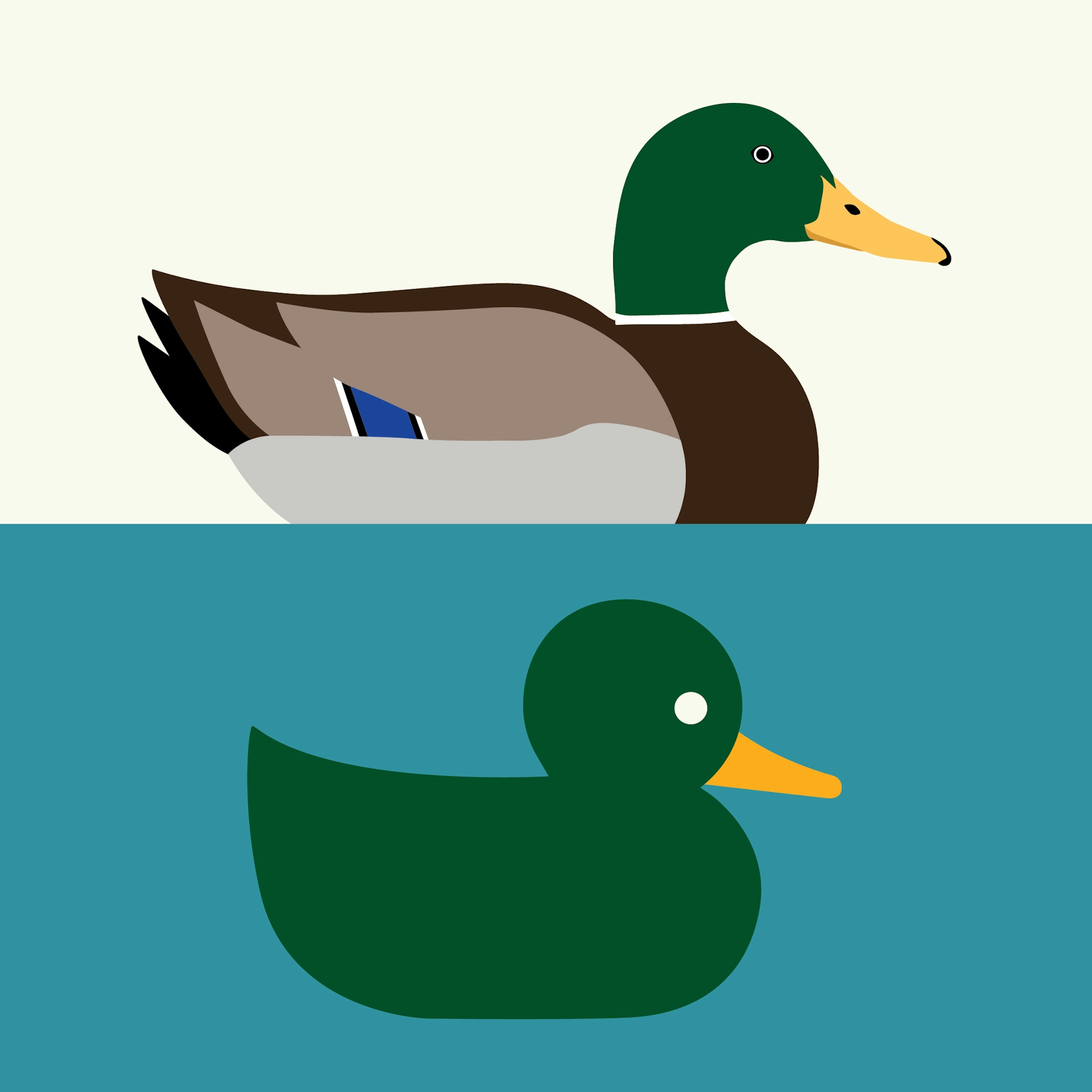 Illustration of a duck on a light background and an icon of a duck on a blue background