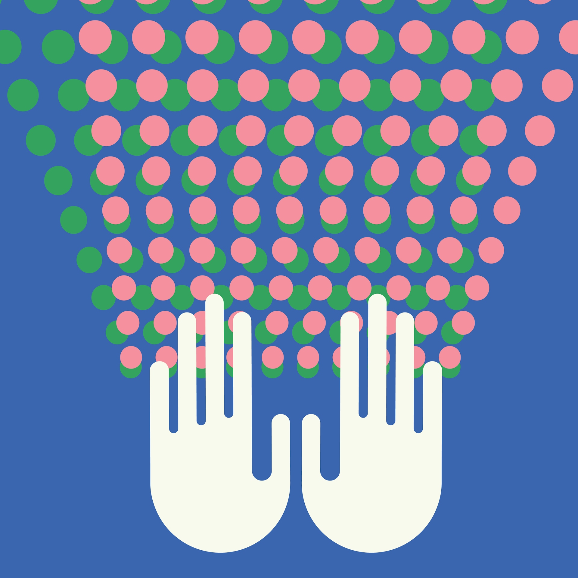 Hands typing on an abstract green and pink keyboard