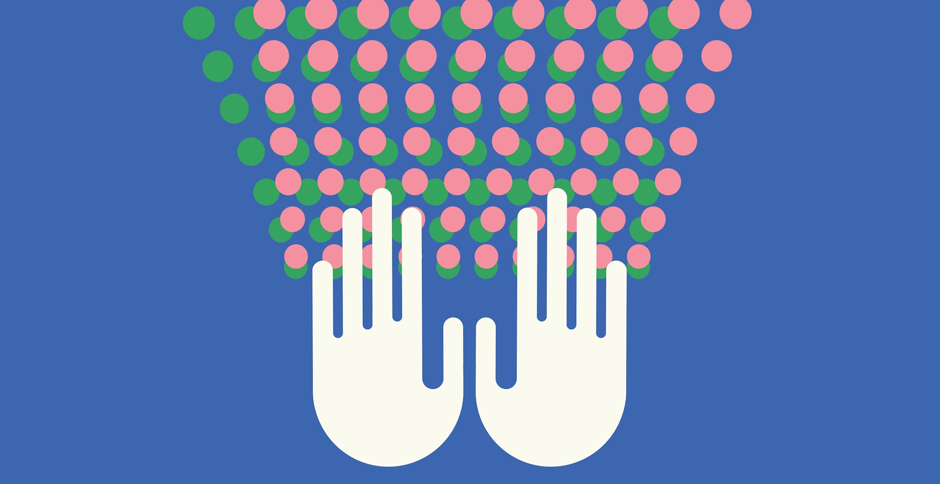 Hands typing on an abstract green and pink keyboard